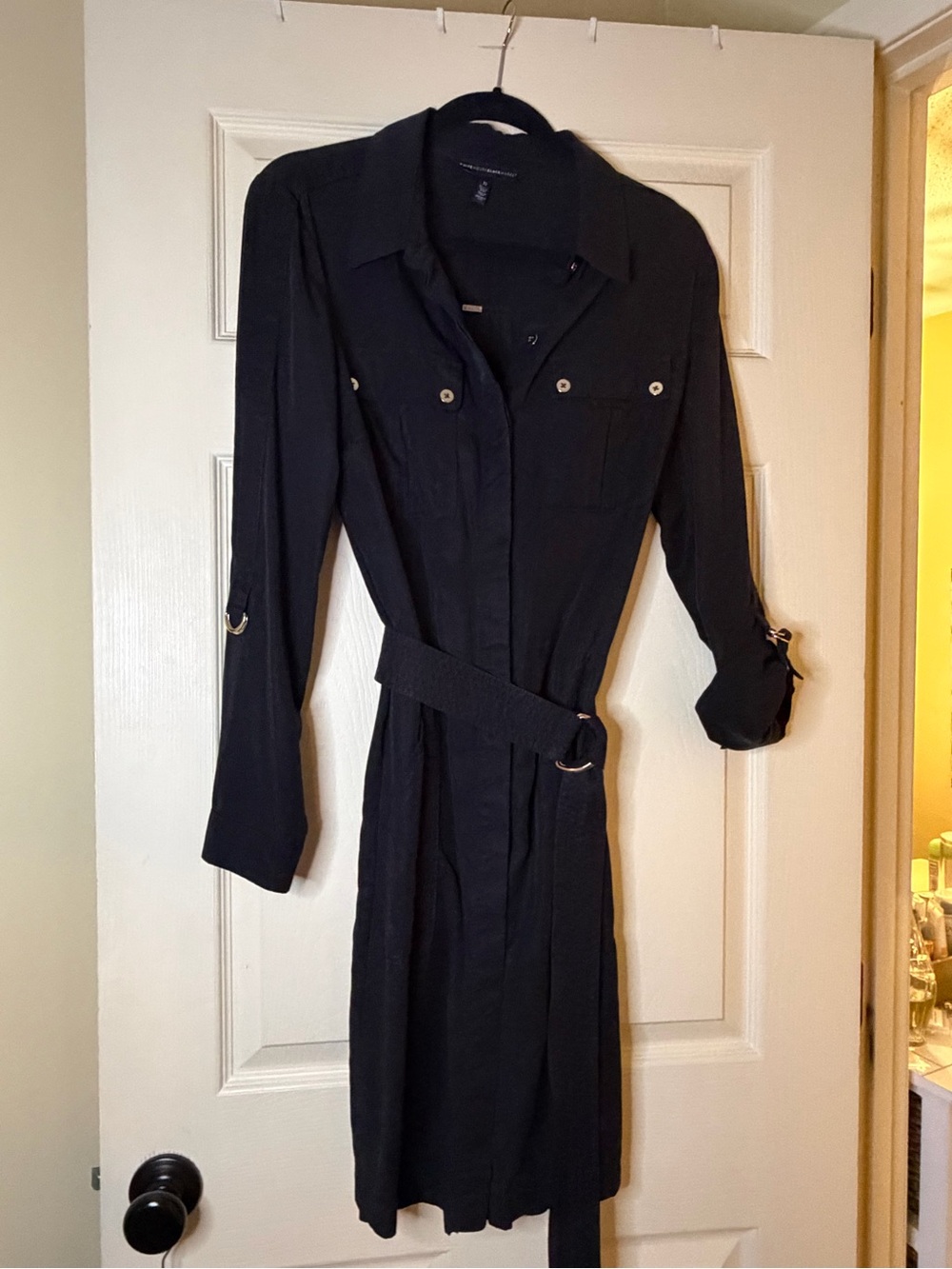 White House Black Market Black Long-Sleeve Shirt Dress with Belt - Picture 5 of 6